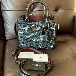 NWT Coach Rogue 25 Leather Sequin 1941 Hangtag & Clochette Blue/Black Copper